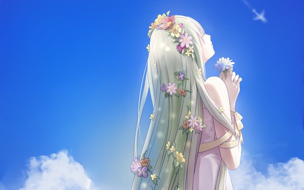 Anime picture 1920x1200 with vocaloid hatsune miku ice (jinqinglin77) single long hair fringe highres bare shoulders sky cloud (clouds) upper body outdoors eyes closed hair flower green hair from behind girl dress flower (flowers) ribbon (ribbons)