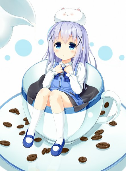 Anime picture 800x1083 with gochuumon wa usagi desu ka? white fox kafuu chino tippy (gochiusa) noe noel single long hair tall image looking at viewer blush blue eyes white background blue hair loli animal on head girl dress animal socks white socks