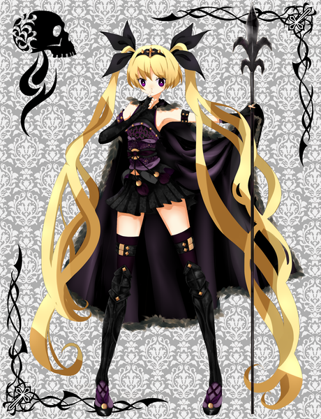 Anime picture 2300x3000 with original yuiyuimoe single long hair tall image looking at viewer highres blonde hair purple eyes twintails very long hair finger to mouth girl thighhighs dress gloves bow black thighhighs hair bow elbow gloves