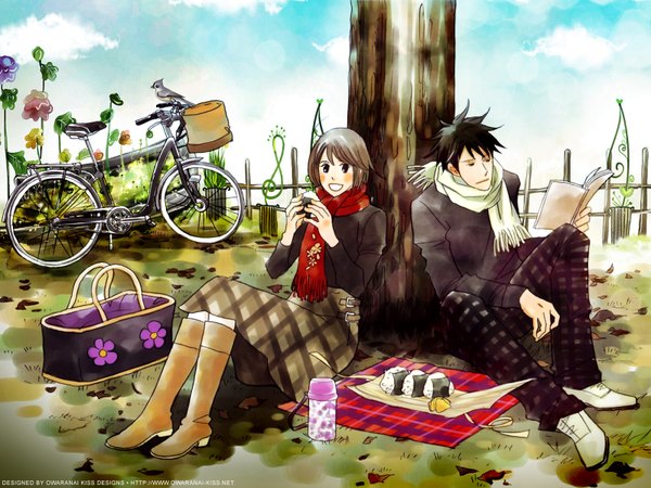 Anime picture 1600x1200 with nodame cantabile j.c. staff noda megumi chiaki shinichi owaranai kiss (sygnet) ninomiya tomoko blush short hair black hair smile sitting grey hair black eyes couple plaid skirt third-party edit plaid reading picnic girl