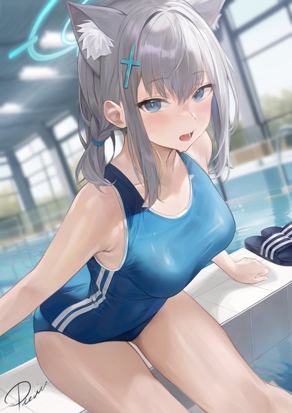 Anime picture 2892x4096 with blue archive shiroko (blue archive) shiroko (swimsuit) (blue archive) preview (preview0) single long hair tall image looking at viewer blush fringe highres open mouth blue eyes light erotic hair between eyes sitting signed animal ears payot silver hair