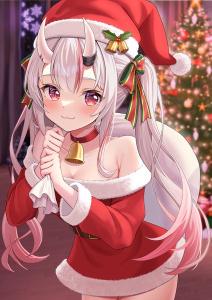 Anime picture 1240x1754 with virtual youtuber hololive nakiri ayame kotone neruneru single long hair tall image looking at viewer light erotic smile red eyes twintails bare shoulders cleavage white hair indoors multicolored hair horn (horns) blurry streaked hair