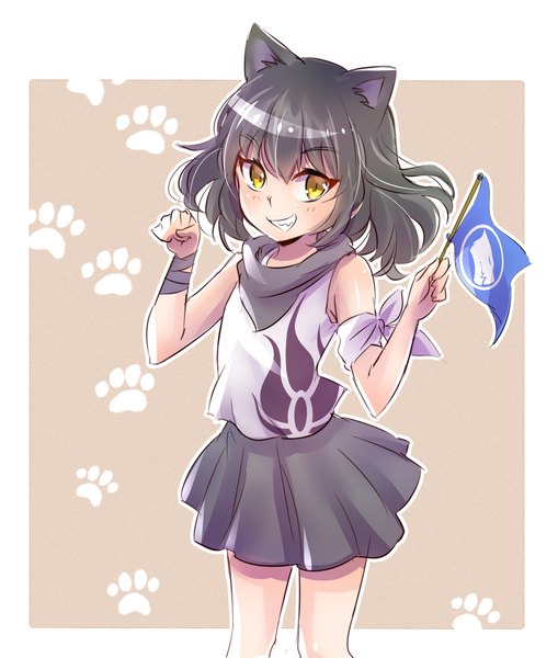 Anime picture 1695x2000 with rwby rooster teeth blake belladonna iesupa single long hair tall image looking at viewer black hair simple background smile animal ears yellow eyes cat ears grin border paw pose alternate age paw print outline