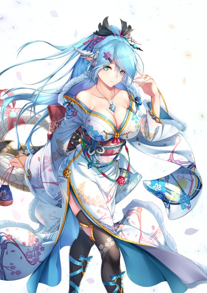 Anime picture 794x1123 with original yue ying jin feng single long hair tall image looking at viewer blush fringe breasts light erotic simple background hair between eyes large breasts standing white background holding payot blue hair cleavage ponytail