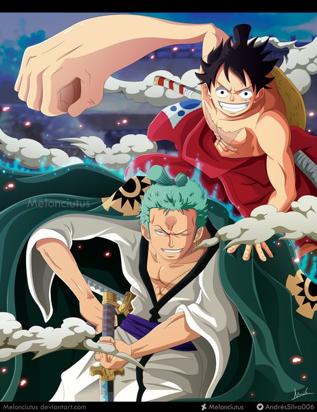 Anime picture 2447x3185 with one piece toei animation monkey d. luffy roronoa zoro melonciutus tall image looking at viewer fringe highres short hair black hair smile standing holding signed outdoors traditional clothes japanese clothes one eye closed green hair