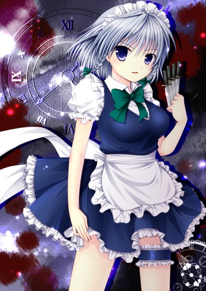 Anime picture 1753x2480 with touhou izayoi sakuya asazuki kanai tall image highres short hair blue eyes silver hair maid girl weapon headdress maid headdress apron clock knife pocket watch dagger