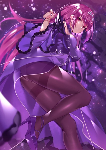 Anime picture 2149x3035 with fate (series) fate/grand order scathach (fate) (all) scathach skadi (fate) black fire (peter02713) single long hair tall image looking at viewer fringe highres breasts light erotic smile hair between eyes standing purple eyes bare shoulders holding purple hair
