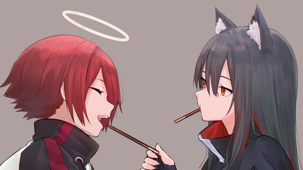 Anime picture 1919x1079 with arknights texas (arknights) exusiai (arknights) amopui long hair fringe highres short hair open mouth black hair simple background hair between eyes wide image multiple girls holding brown eyes animal ears upper body red hair eyes closed