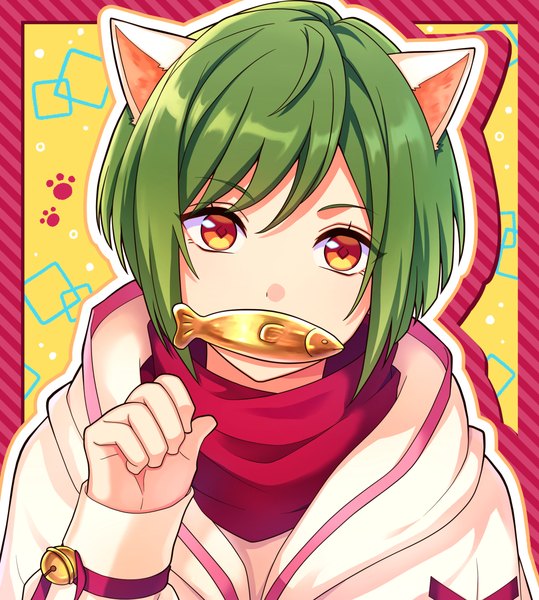 Anime picture 1155x1285 with a3! rurikawa yuki ayuse s single tall image looking at viewer short hair red eyes animal ears upper body green hair cat ears border outside border otoko no ko kemonomimi mode paw pose outline nekomimi mode cat day