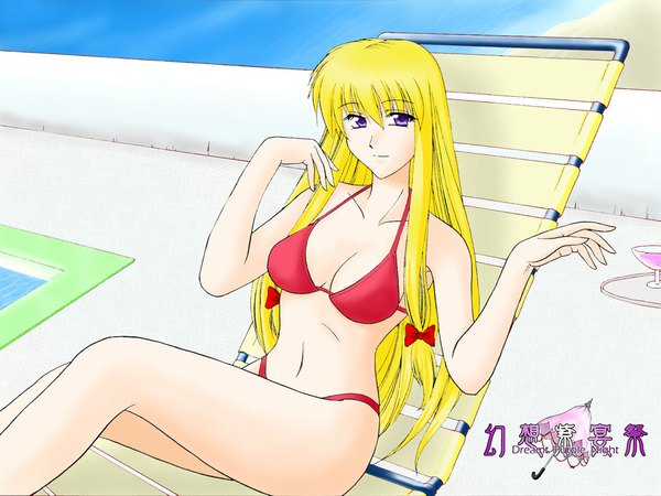 Anime picture 1024x768 with touhou yakumo yukari light erotic girl swimsuit bikini pool red bikini