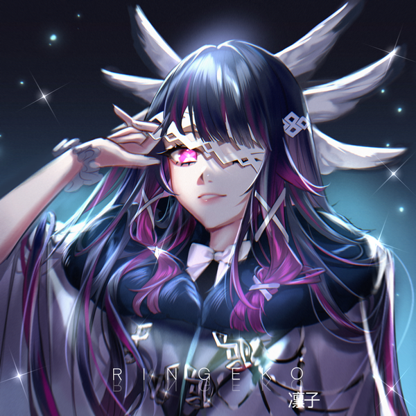 Anime picture 3000x3000 with genshin impact columbina (genshin impact) ringeko-chan single long hair looking at viewer fringe highres signed upper body blunt bangs parted lips pink eyes one eye closed multicolored hair arm up sparkle streaked hair fur trim dark background