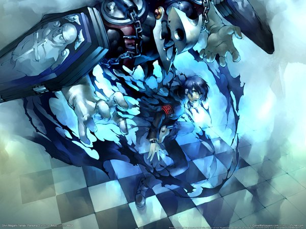 Anime picture 1600x1200 with persona 3 shin megami tensei persona arisato minato thanatos (persona) single looking at viewer open mouth blue eyes blue hair checkered floor boy