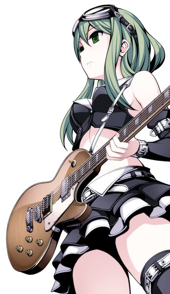 Anime picture 610x1050 with vocaloid gumi torigoe takumi single long hair tall image simple background white background bare shoulders green eyes green hair girl skirt detached sleeves goggles guitar