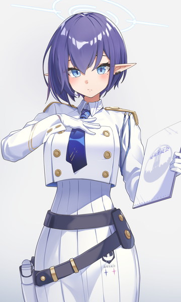 Anime picture 1130x1883 with blue archive aoi (blue archive) reulem single tall image blush fringe short hair blue eyes simple background hair between eyes blue hair pointy ears mole mole under eye hand on chest girl gloves necktie white gloves