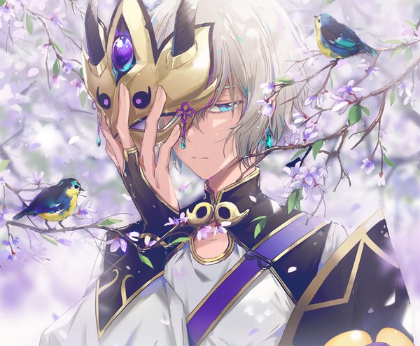 Anime picture 900x741 with fate (series) fate/grand order prince of lan ling (fate) dangmill single looking at viewer fringe short hair blue eyes hair between eyes holding silver hair upper body horn (horns) covering eye (eyes) boy flower (flowers) earrings animal bird (birds)