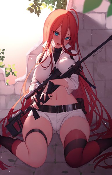 Anime-Bild 2116x3300 mit girls frontline t-5000 (girls frontline) nanoless single long hair tall image looking at viewer blush fringe highres breasts open mouth blue eyes light erotic hair between eyes sitting holding signed ahoge red hair