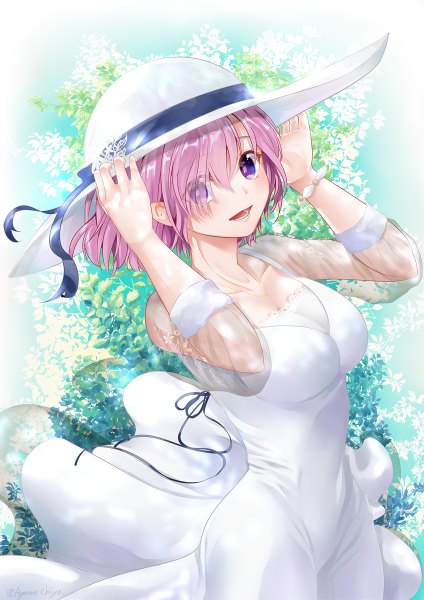 Anime picture 848x1200 with fate (series) fate/grand order mash kyrielight ayame chiyo single tall image looking at viewer blush fringe short hair breasts open mouth light erotic smile large breasts standing purple eyes payot pink hair cleavage
