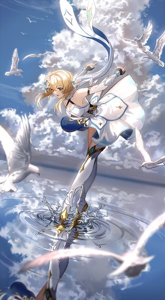 Anime picture 700x1270 with genshin impact lumine (genshin impact) silence girl single tall image fringe short hair open mouth blonde hair hair between eyes sky cleavage cloud (clouds) full body outdoors :d hair flower dutch angle reflection hands behind back