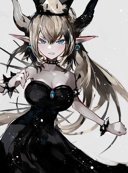 Anime picture 1000x1346 with super mario bros. new super mario bros. u deluxe bowsette kusakanmuri single tall image looking at viewer blush fringe breasts blue eyes simple background blonde hair hair between eyes cleavage very long hair horn (horns) pointy ears grey background clenched teeth