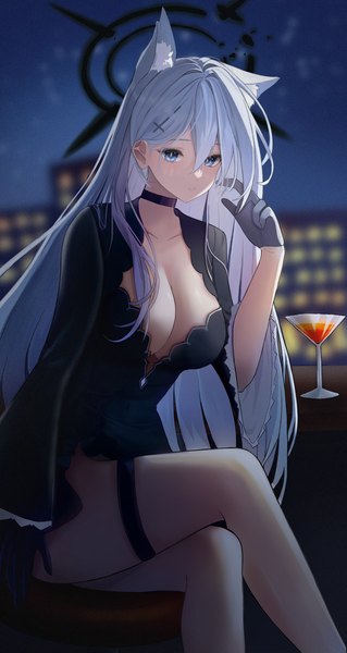 Anime picture 3000x5650 with blue archive shiroko (blue archive) shiroko terror (blue archive) themaree single long hair tall image fringe highres breasts blue eyes light erotic hair between eyes large breasts sitting cleavage silver hair crossed legs girl gloves