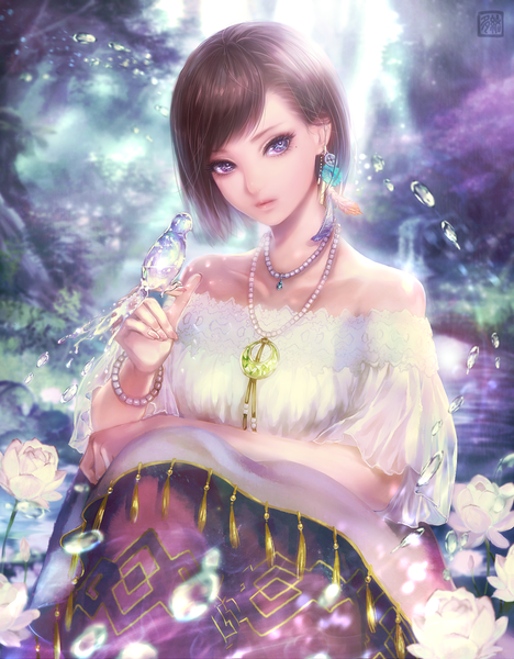 Anime picture 1325x1700 with original tao (taobooon) single tall image fringe short hair brown hair sitting purple eyes bare shoulders looking away parted lips fingernails lips realistic mole mole under eye bird on hand girl flower (flowers)