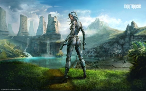 Anime picture 1680x1050 with earthrise (game) mikeypetrov long hair wide image blue hair sky cloud (clouds) looking back lips realistic inscription grey eyes wallpaper mountain waterfall girl plant (plants) tree (trees) water gun