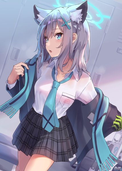Anime-Bild 857x1200 mit blue archive shiroko (blue archive) morigami (morigami no yashiro) single long hair tall image looking at viewer open mouth blue eyes animal ears silver hair pleated skirt plaid skirt undressing open collar extra ears locker room girl skirt uniform