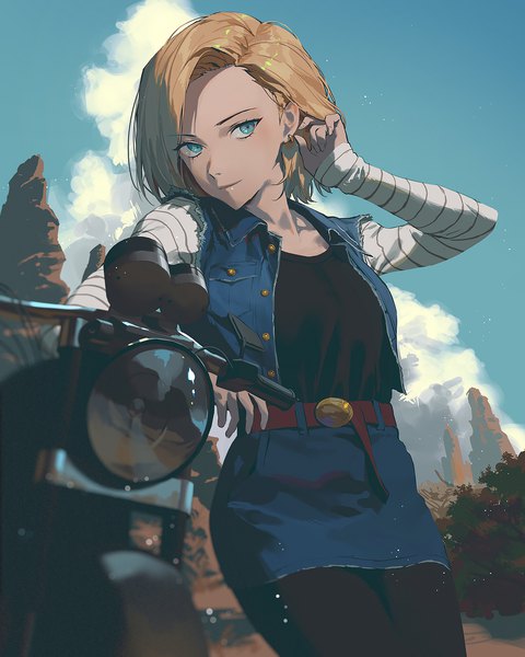 Anime picture 1200x1500 with dragon ball dragon ball z android 18 fajyobore single tall image looking at viewer fringe short hair blue eyes blonde hair standing sky cloud (clouds) outdoors long sleeves arm up light smile blurry striped