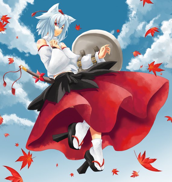 Anime picture 1900x2000 with touhou inubashiri momiji kinsenka single tall image highres short hair red eyes bare shoulders animal ears sky cloud (clouds) white hair girl skirt detached sleeves leaf (leaves) autumn leaves shield