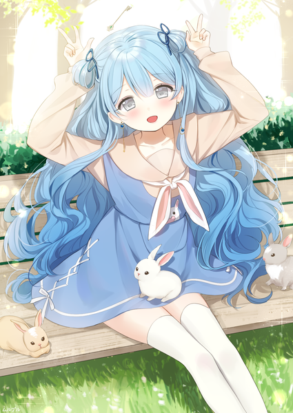Anime picture 1000x1412 with original haruri single tall image blush fringe open mouth sitting blue hair outdoors very long hair head tilt loli zettai ryouiki wavy hair silver eyes girl thighhighs dress plant (plants)