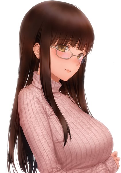 Anime picture 2845x4050 with original asaba0327 single long hair tall image blush fringe highres breasts simple background hair between eyes brown hair large breasts white background brown eyes payot looking away upper body breast hold girl