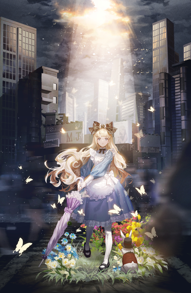 Anime picture 1308x2000 with alice in wonderland alice (wonderland) white rabbit fajyobore single long hair tall image looking at viewer fringe blue eyes blonde hair standing holding sky cloud (clouds) full body blunt bangs long sleeves wind sunlight