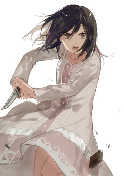 Anime picture 709x1000 with shingeki no kyojin production i.g mikasa ackerman cotta single tall image looking at viewer blush short hair open mouth black hair simple background white background black eyes tears crying angry girl dress white dress