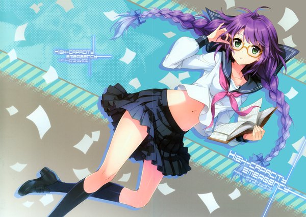Anime picture 5693x4042 with original an2a single long hair looking at viewer highres green eyes absurdres purple hair lying braid (braids) pleated skirt inscription midriff twin braids zoom layer girl navel uniform school uniform