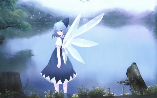 Anime picture 2560x1600 with touhou real life cirno zun highres wide image lake jpeg artifacts girl bow hair bow animal wings water bird (birds)