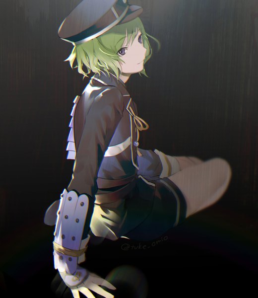 Anime picture 1092x1261 with touken ranbu nitroplus mouri toushirou tuke omio single tall image looking at viewer short hair simple background sitting purple eyes green hair arm support black background military boy uniform military uniform peaked cap