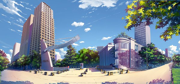 Anime picture 1000x469 with original xingyue ling wide image sky cloud (clouds) shadow no people street panorama plant (plants) tree (trees) building (buildings) ground vehicle car road skyscraper lamppost traffic sign