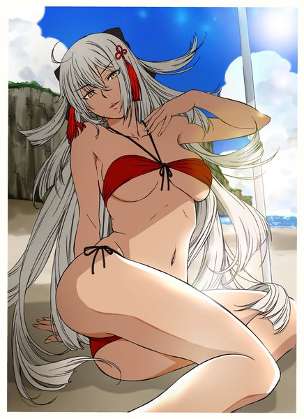 Anime picture 2974x4094 with fate (series) fate/grand order okita souji (fate) (all) okita souji alter (fate) kakitama single long hair tall image looking at viewer blush fringe highres breasts light erotic hair between eyes sitting yellow eyes payot sky silver hair