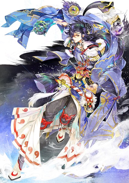 Anime picture 2480x3507 with onmyoji susabi (onmyoji) luo kong single tall image fringe highres blue eyes purple hair full body very long hair traditional clothes hair over one eye low ponytail traditional media watercolor (medium) boy