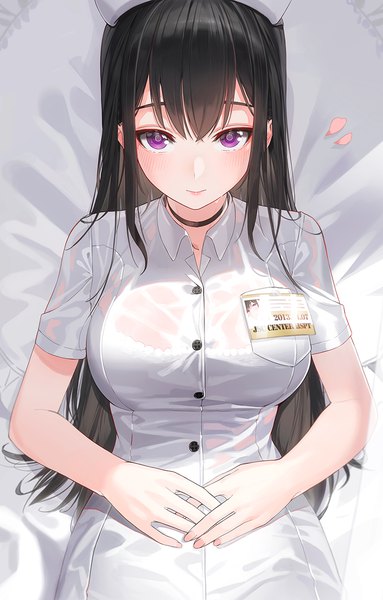 Anime picture 830x1300 with original kfr single long hair tall image looking at viewer blush fringe breasts light erotic black hair large breasts purple eyes lying from above short sleeves on back wet clothes nurse girl