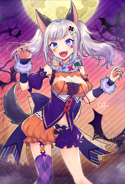 Anime picture 1000x1473 with virtual youtuber the moon studio kaguya luna haruyuki 14 single long hair tall image blush open mouth blue eyes standing twintails signed animal ears payot cleavage silver hair bent knee (knees) tail nail polish