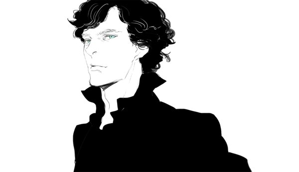 Anime picture 1500x865 with sherlock holmes (series) sherlock (bbc) sherlock holmes sherlock holmes (sherlock) npn single looking at viewer short hair blue eyes black hair simple background wide image white background monochrome open collar curly hair boy