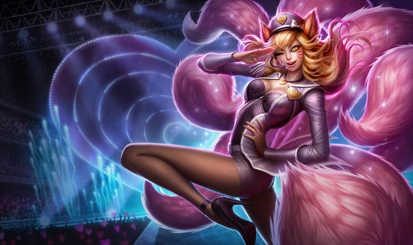 Anime picture 1750x1041 with league of legends ahri (league of legends) popstar ahri (league of legends) michelle hoefener single long hair looking at viewer fringe highres breasts blonde hair wide image animal ears yellow eyes tail parted lips one eye closed lips wink realistic