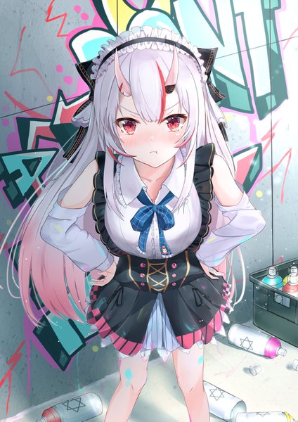 Anime picture 1013x1433 with virtual youtuber hololive nakiri ayame nakiri ayame (3rd costume) inaka 44 single long hair tall image looking at viewer blush fringe red eyes standing silver hair outdoors long sleeves multicolored hair horn (horns) two-tone hair leaning
