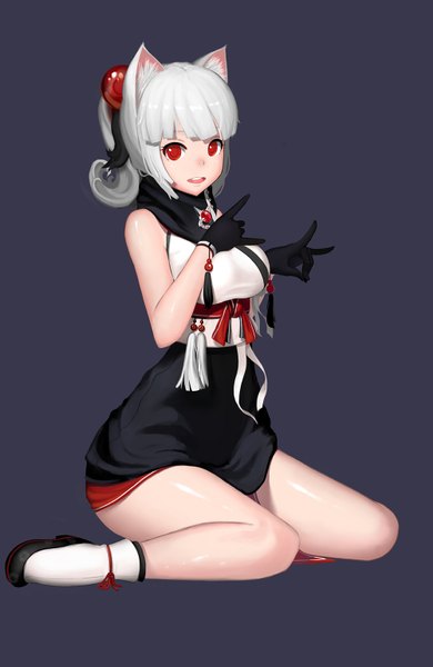 Anime picture 1000x1537 with original naco single tall image looking at viewer short hair open mouth red eyes animal ears white hair cat ears cat girl dark background girl dress gloves hair ornament black gloves socks white socks