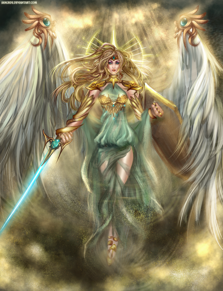 Anime picture 1180x1534 with sangrde single long hair tall image looking at viewer blue eyes blonde hair angel wings angel girl weapon sword wings shield