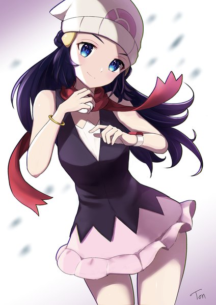 Anime picture 1240x1754 with pokemon pokemon dppt nintendo dawn (pokemon) ton (user jpmr3338) single long hair tall image looking at viewer blue eyes simple background standing holding signed blue hair light smile arms up girl skirt bracelet