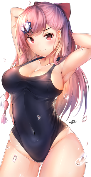 Anime picture 1447x2800 with girls frontline negev (girls' frontline) hiromaster sinta jh single long hair tall image looking at viewer blush fringe breasts light erotic simple background red eyes standing white background signed pink hair braid (braids) arms up armpit (armpits)