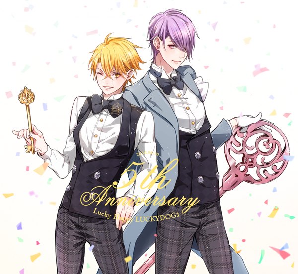 Anime picture 880x810 with lucky dog giulio di bondone gian carlo komichi96 fringe short hair blonde hair smile hair between eyes standing white background purple eyes yellow eyes purple hair one eye closed wink hair over one eye multiple boys hand on hip piercing