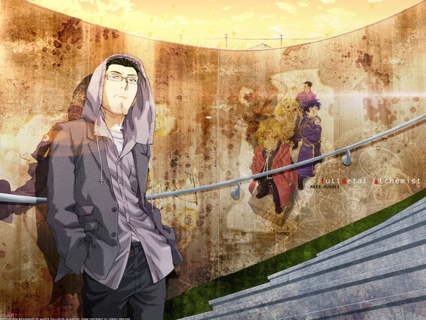 Anime picture 1600x1200 with fullmetal alchemist studio bones maes hughes boy glasses hood stairs